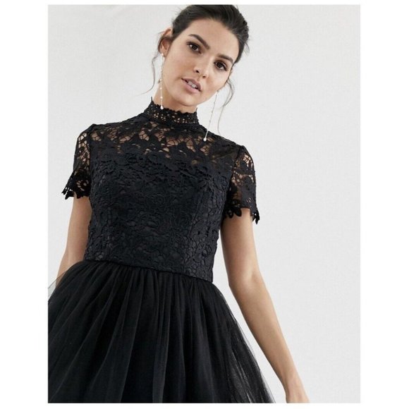CHI CHI LONDON Black Lace Floral Tulle Netted MIDI Cocktail Formal Dress Gown 8 - Picture 2 of 15